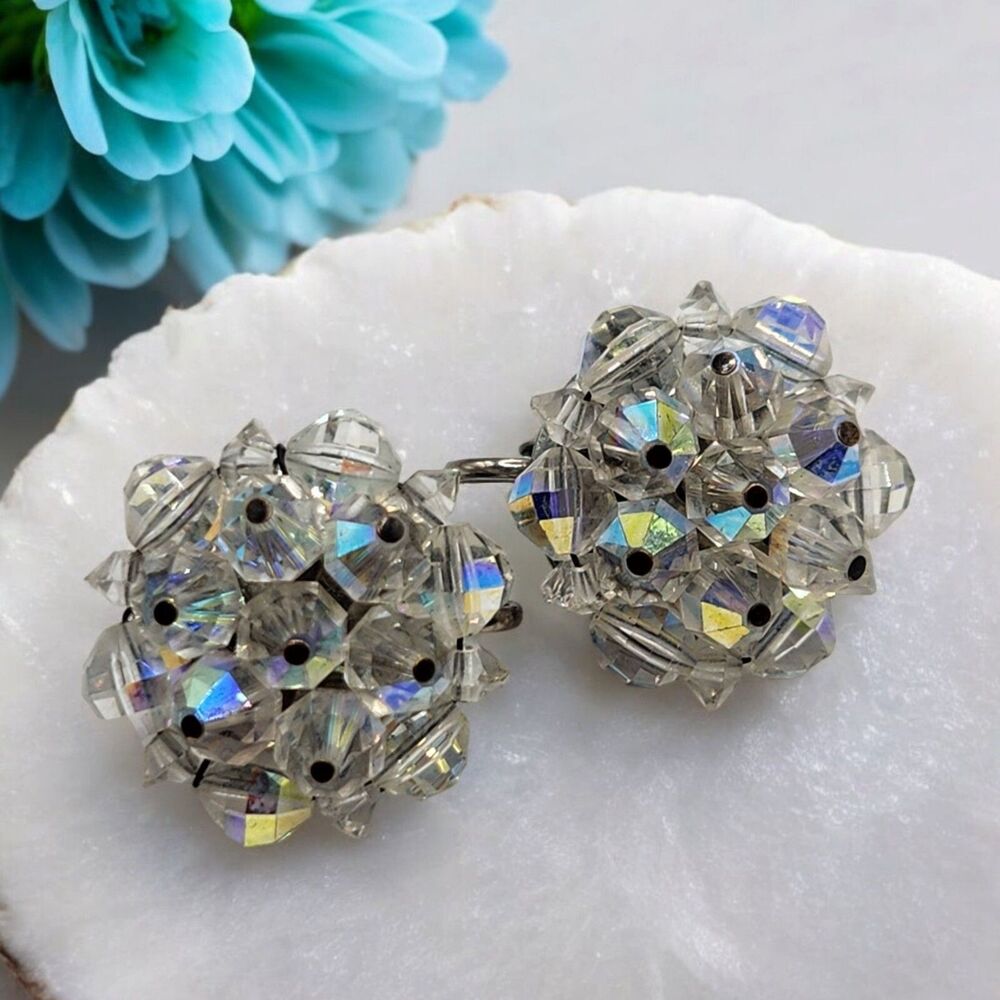 Vintage 1950's Laguna Aurora Borealis Faceted Crystal Beaded 1"Clip On Earrings